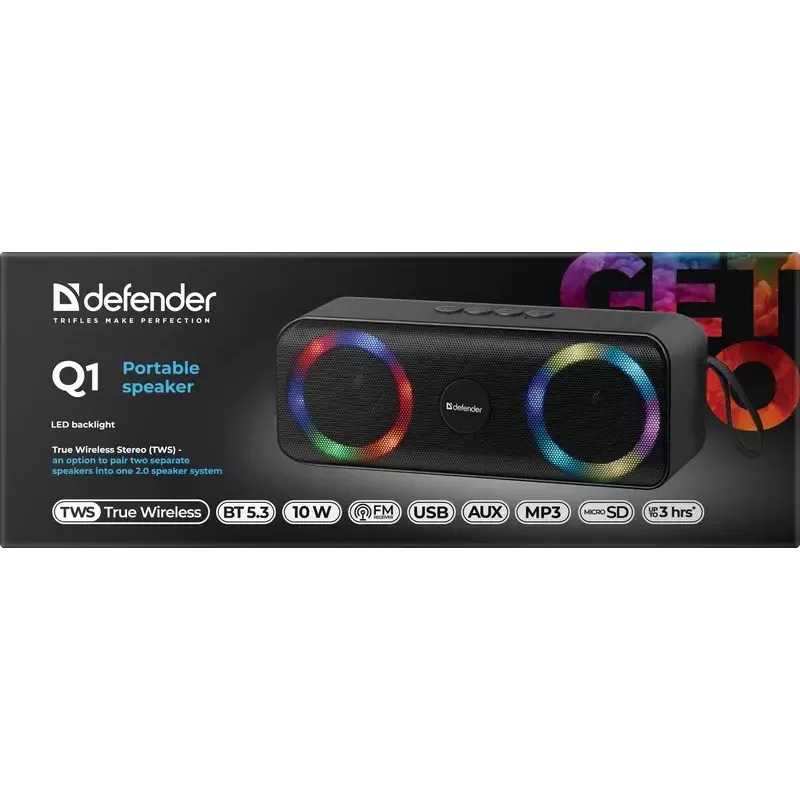 Przenośny głośnik Bluetooth Mono DEFENDER Q1 Czarny, 10W RMS, 1200 mAh, Bluetooth 5.0, MicroSD, FM, AUX, USB