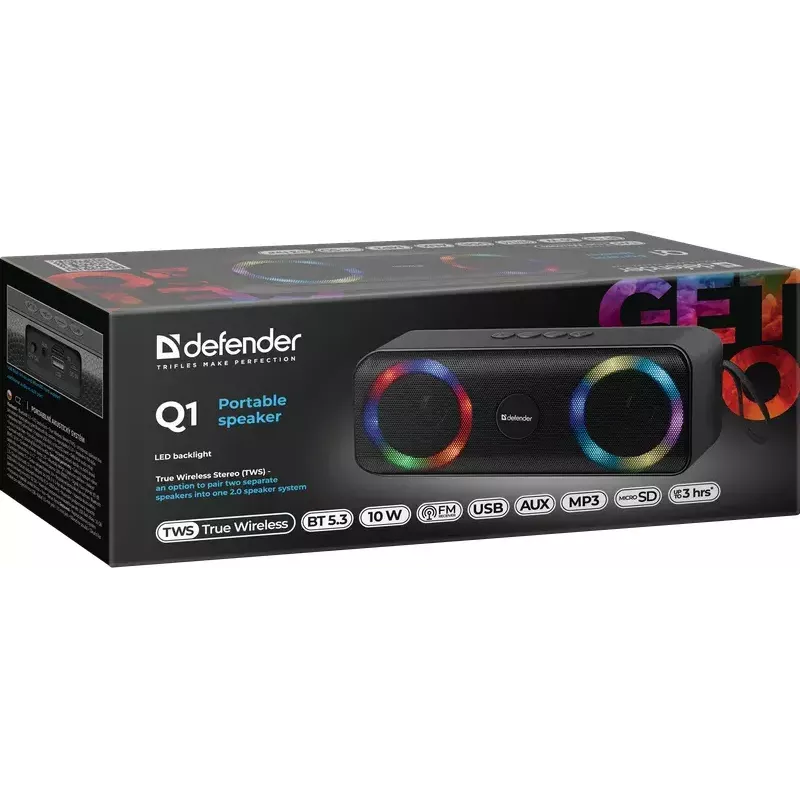 Przenośny głośnik Bluetooth Mono DEFENDER Q1 Czarny, 10W RMS, 1200 mAh, Bluetooth 5.0, MicroSD, FM, AUX, USB