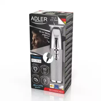 Trymer do brody Adler AD 2836S, bezprzewodowy, akumulator litowy, 0,9–6 mm, 4 stopnie długości, ostrza ze stali nierdzewnej, srebrny