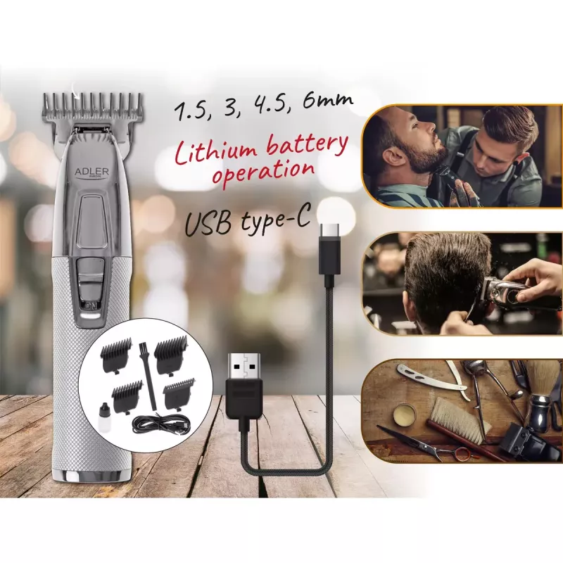 Trymer do brody Adler AD 2836S, bezprzewodowy, akumulator litowy, 0,9–6 mm, 4 stopnie długości, ostrza ze stali nierdzewnej, srebrny