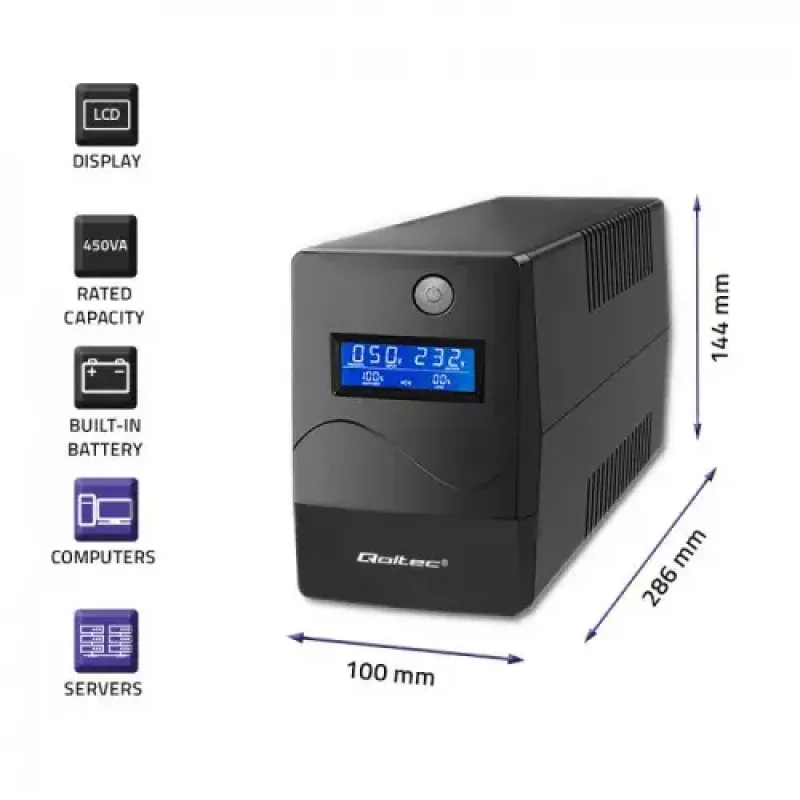 Zasilacz awaryjny UPS Qoltec Monolith 0,85 kVA 480 W 2 gniazda AC