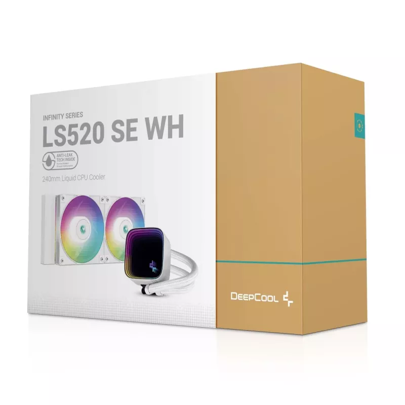 Chłodzenie cieczą typu All-in-one DeepCool LS520 SE WH — radiator 240 mm, 2 wentylatory PWM 120 mm, białe, podstawa miedziana