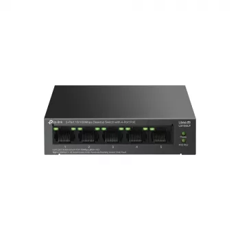 Niezarządzalny przełącznik TP‑LINK LS105P, 5 portów Fast Ethernet (10/100), 4 porty PoE, przepustowość przełączania 1 Gbit/s, bez wentylatora, czarny