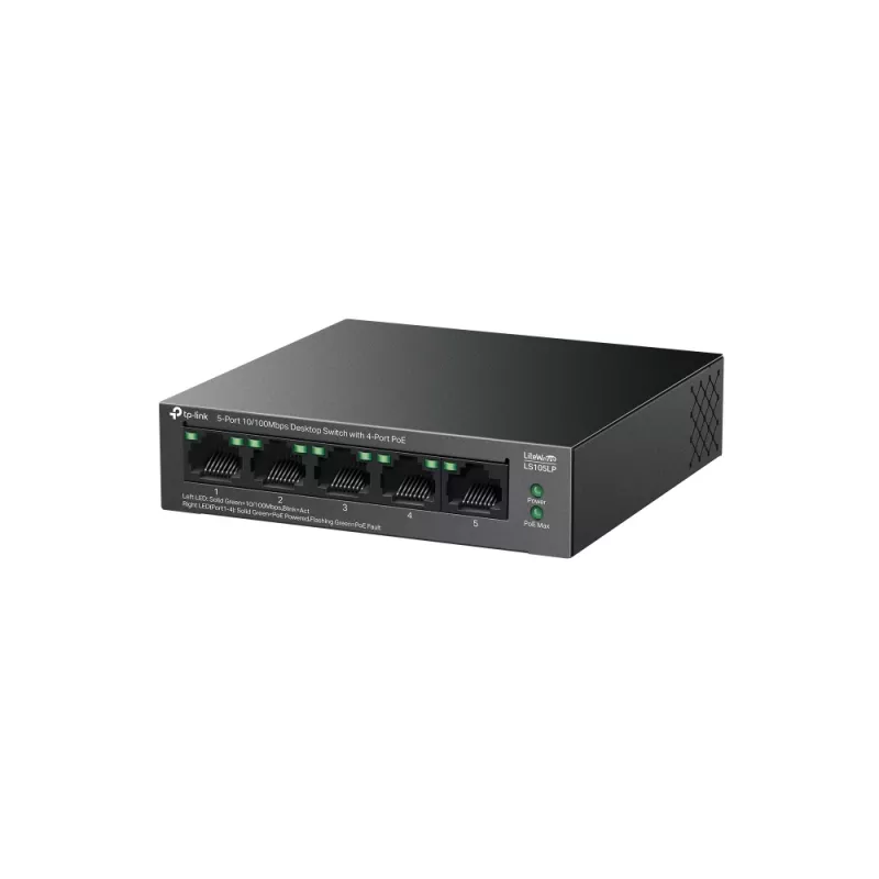 Niezarządzalny przełącznik TP‑LINK LS105P, 5 portów Fast Ethernet (10/100), 4 porty PoE, przepustowość przełączania 1 Gbit/s, bez wentylatora, czarny