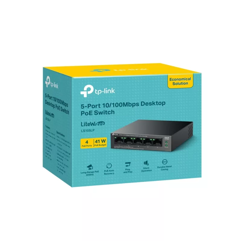 Niezarządzalny przełącznik TP‑LINK LS105P, 5 portów Fast Ethernet (10/100), 4 porty PoE, przepustowość przełączania 1 Gbit/s, bez wentylatora, czarny