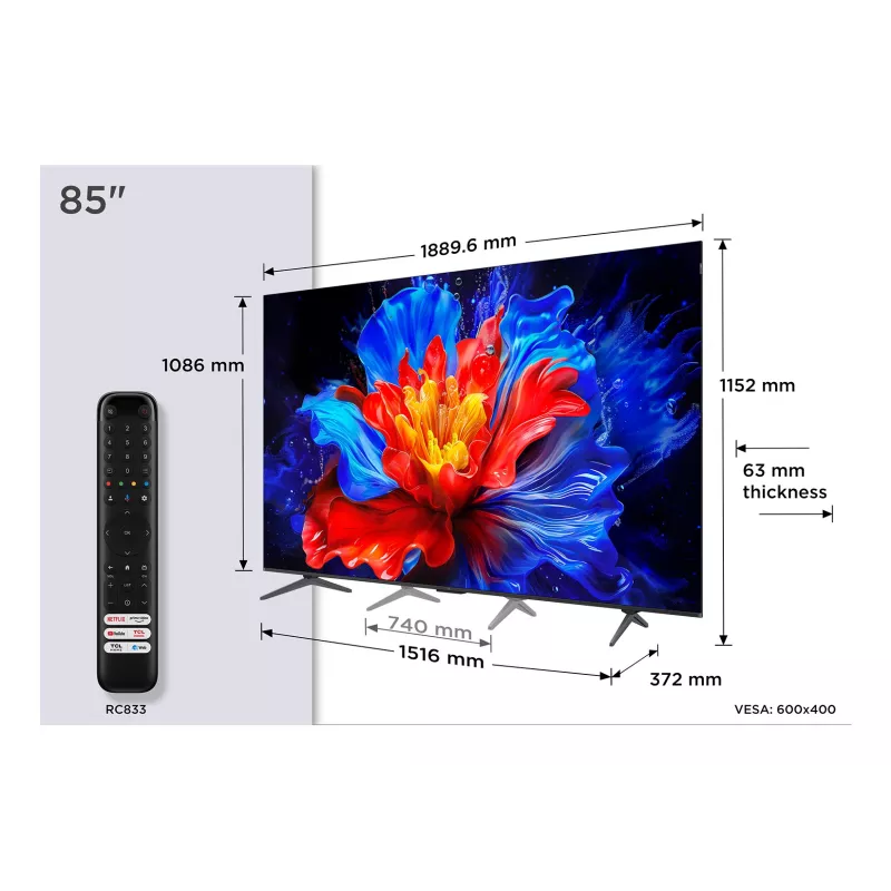 Smart TV TCL 85P89K 85 cali (216 cm) QLED 4K UHD, Google TV, HDR10+, 450 cd/m², 3840×2160