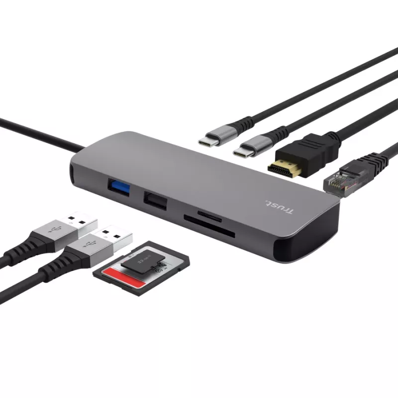 Hub USB Type-C TRUST 25672 — HDMI, RJ-45, USB 3.2 Gen 1 Type-A/Type-C, SD/MicroSD, szary