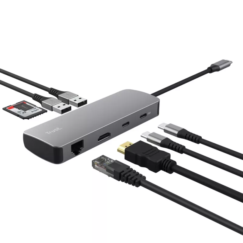 Hub USB Type-C TRUST 25672 — HDMI, RJ-45, USB 3.2 Gen 1 Type-A/Type-C, SD/MicroSD, szary