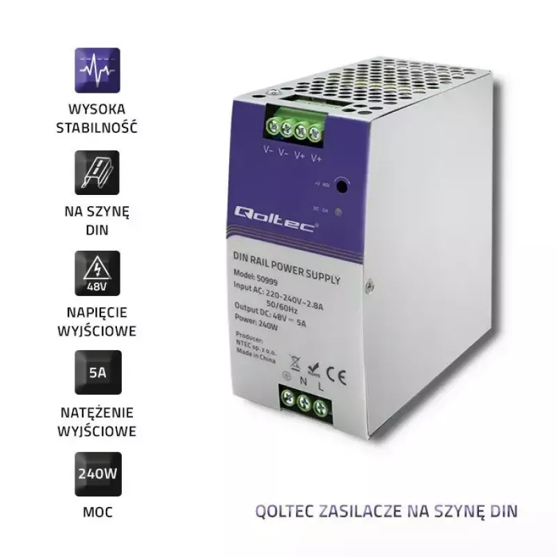 Zasilacz na szynę DIN QOLTEC 50999, 240 W, 48 V DC, 5 A wyjście