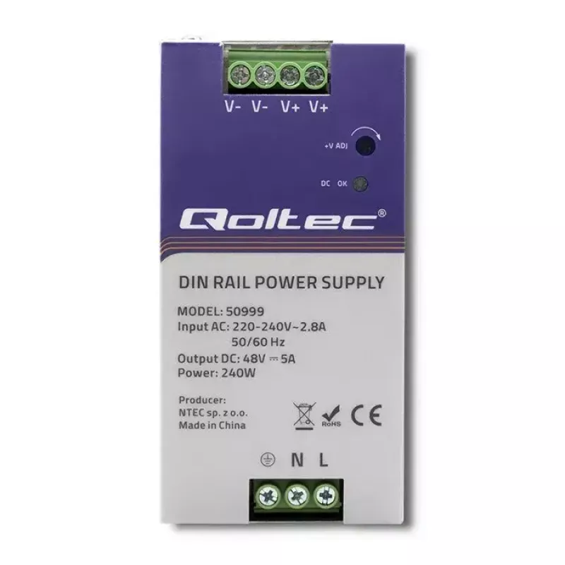 Zasilacz na szynę DIN QOLTEC 50999, 240 W, 48 V DC, 5 A wyjście