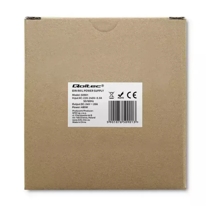 Przemysłowy zasilacz na szynę DIN QOLTEC 50901 — 480 W, 24 V DC, 20 A