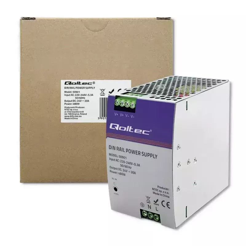 Przemysłowy zasilacz na szynę DIN QOLTEC 50901 — 480 W, 24 V DC, 20 A