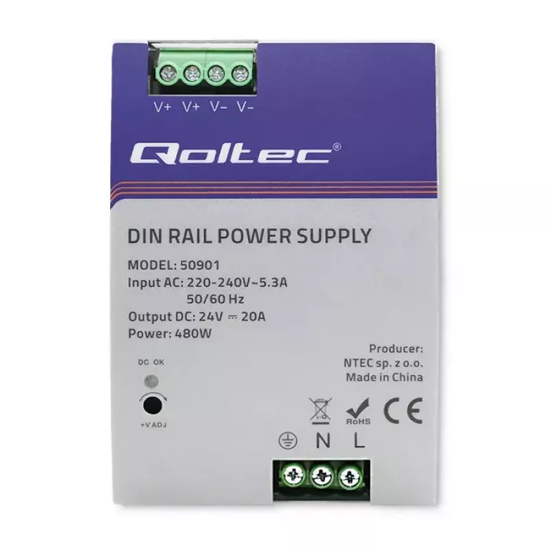 Przemysłowy zasilacz na szynę DIN QOLTEC 50901 — 480 W, 24 V DC, 20 A