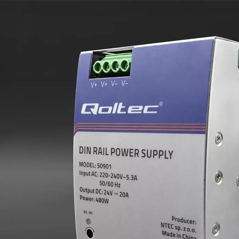 Przemysłowy zasilacz na szynę DIN QOLTEC 50901 — 480 W, 24 V DC, 20 A
