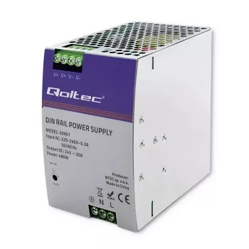 Przemysłowy zasilacz na szynę DIN QOLTEC 50901 — 480 W, 24 V DC, 20 A
