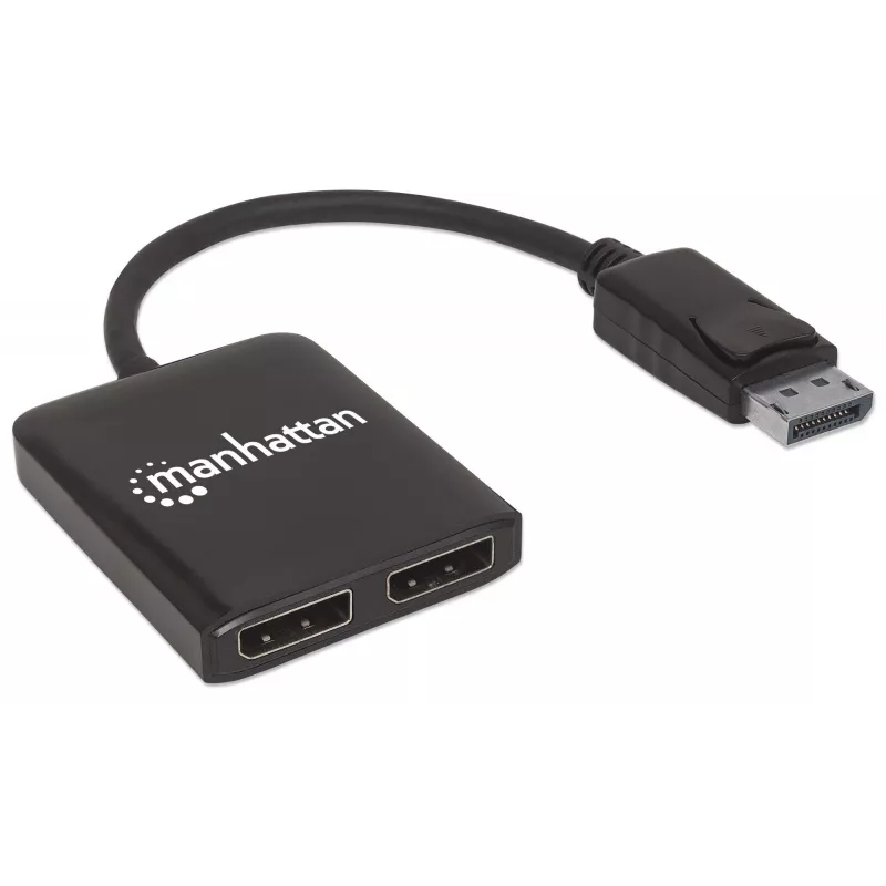 Manhattan DisplayPort 1.2 do 2-portowego rozdzielacza DisplayPort 1.2 z MST, 4K@30Hz, zasilany przez USB-A, funkcja ściany wideo, czarny, MST = transport wielostrumieniowy, 3-letnia gwarancja