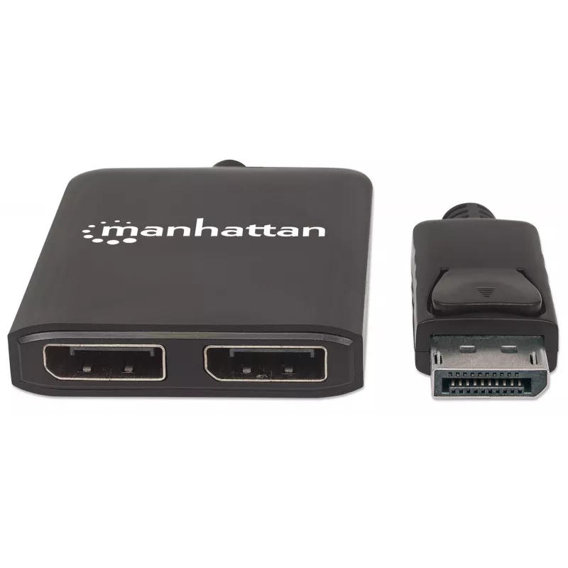 Manhattan DisplayPort 1.2 do 2-portowego rozdzielacza DisplayPort 1.2 z MST, 4K@30Hz, zasilany przez USB-A, funkcja ściany wideo, czarny, MST = transport wielostrumieniowy, 3-letnia gwarancja