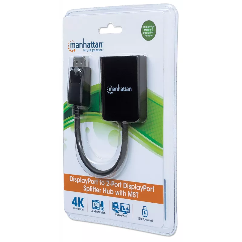 Manhattan DisplayPort 1.2 do 2-portowego rozdzielacza DisplayPort 1.2 z MST, 4K@30Hz, zasilany przez USB-A, funkcja ściany wideo, czarny, MST = transport wielostrumieniowy, 3-letnia gwarancja