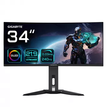 GIGABYTE MO34WQC2 34-calowy zakrzywiony monitor gamingowy OLED WQHD - 3440 x 1440, 240 Hz, 0,03 ms, KVM, 250 cd/m², FreeSync Premium Pro, DisplayHDR True Black 400, HDMI 2.1, DisplayPort 1.4