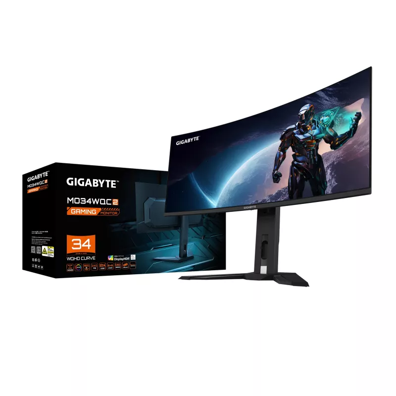 GIGABYTE MO34WQC2 34-calowy zakrzywiony monitor gamingowy OLED WQHD - 3440 x 1440, 240 Hz, 0,03 ms, KVM, 250 cd/m², FreeSync Premium Pro, DisplayHDR True Black 400, HDMI 2.1, DisplayPort 1.4