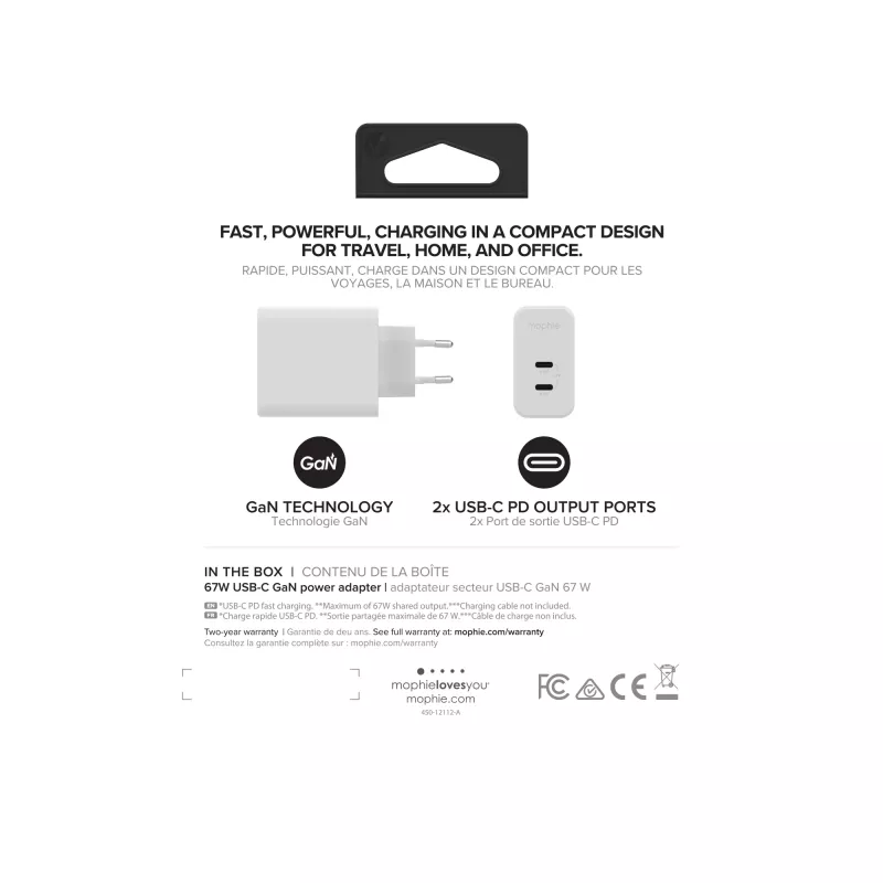 mophie Akcesoria-ładowarka ścienna-USB-C-PD-DUAL-67W-GAN-Biały-EU (2xUSBC)