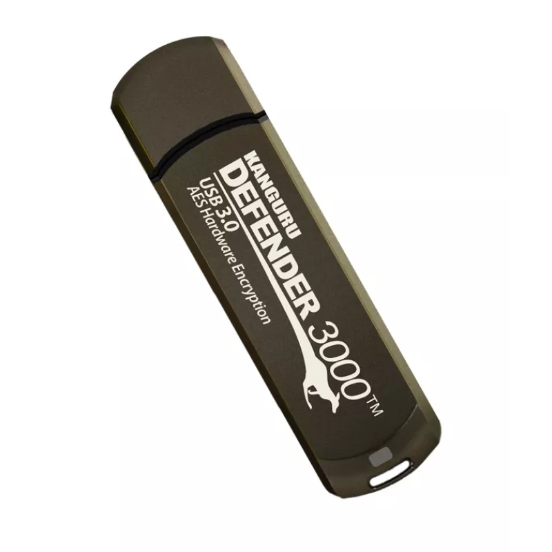 Kanguru Defender 3000™ SuperSpeed USB 3.0 | Bezpieczna pamięć flash | FIPS 140-3 Level 3 w toku, FIPS 140-2 Level 3 Certified | Sprzętowe szyfrowanie AES-XTS 256-bit | Zgodność z TAA