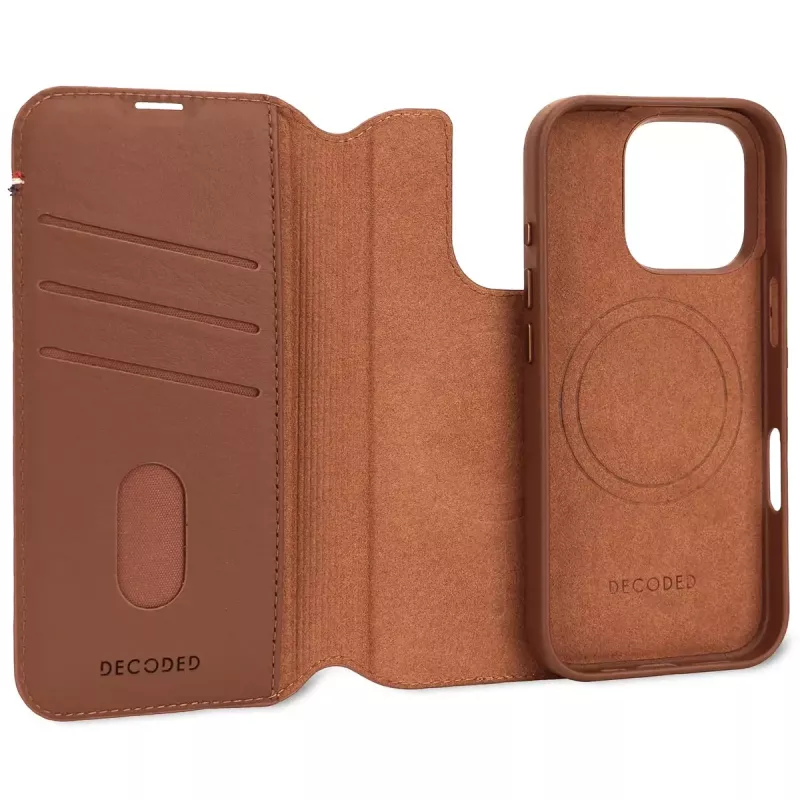 Skórzane odczepiane etui z portfelem do iPhone 16 Pro — brązowe, skóra naturalna, mikrofibra, ekran 6,3 cala, 3 kieszenie na karty