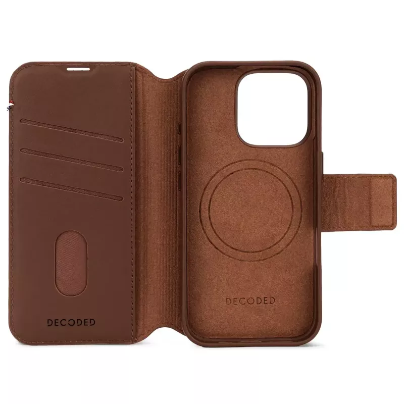 Skórzane odczepiane etui z portfelem do iPhone 16 Pro — brązowe, skóra naturalna, mikrofibra, ekran 6,3 cala, 3 kieszenie na karty