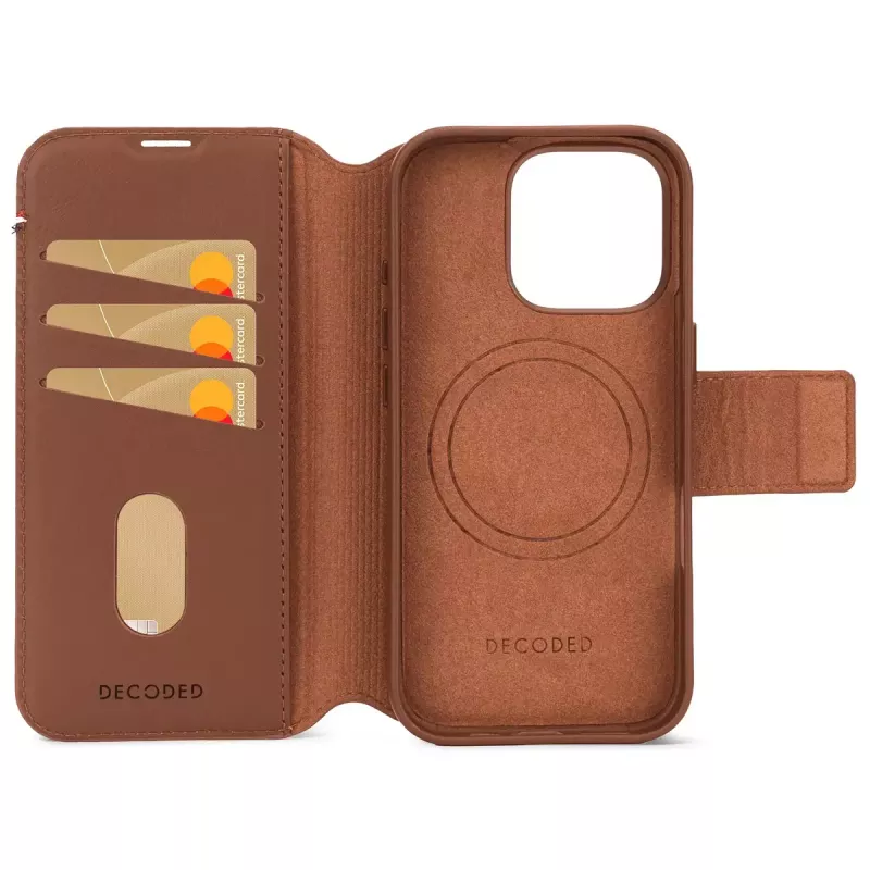 Skórzane odczepiane etui z portfelem do iPhone 16 Pro — brązowe, skóra naturalna, mikrofibra, ekran 6,3 cala, 3 kieszenie na karty