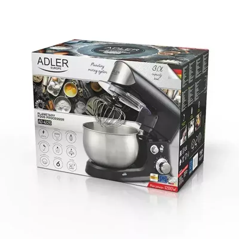 Robot kuchenny Adler AD 4226b — 700 W (maks. 1200 W), misa ze stali nierdzewnej 3 L, 6 prędkości, planetarny system mieszania