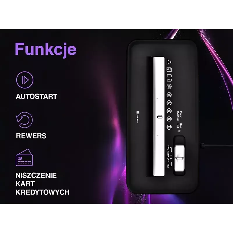 Niszczarka TRACER Edge10L cięcie krzyżowe, pojemność do 10 arkuszy, ścinki 6 mm, kosz 10 l, czarna