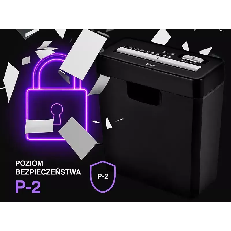 Niszczarka TRACER Edge10L cięcie krzyżowe, pojemność do 10 arkuszy, ścinki 6 mm, kosz 10 l, czarna