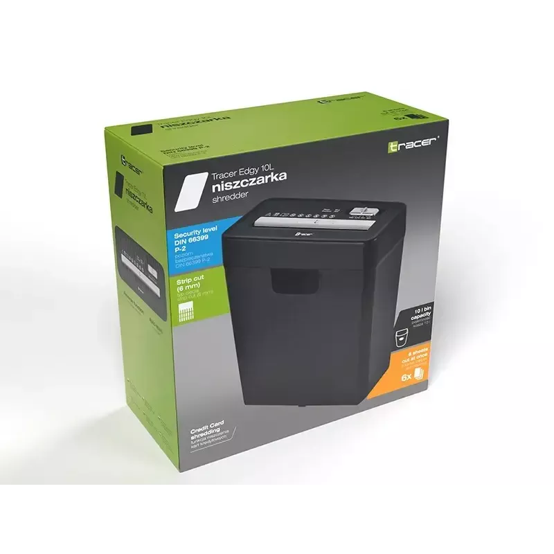Niszczarka TRACER Edge10L cięcie krzyżowe, pojemność do 10 arkuszy, ścinki 6 mm, kosz 10 l, czarna