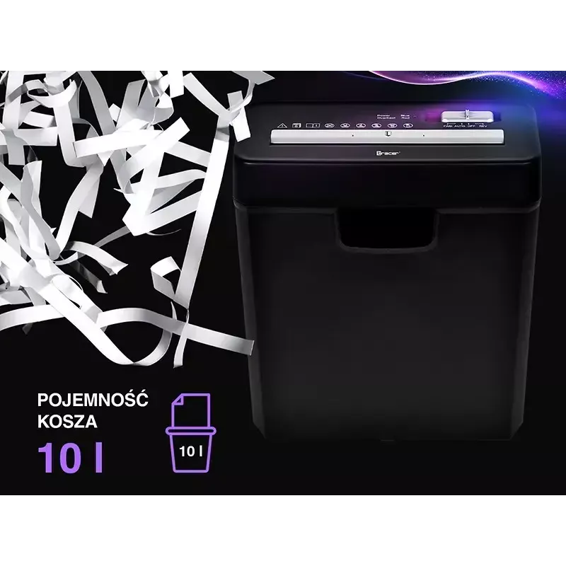 Niszczarka TRACER Edge10L cięcie krzyżowe, pojemność do 10 arkuszy, ścinki 6 mm, kosz 10 l, czarna