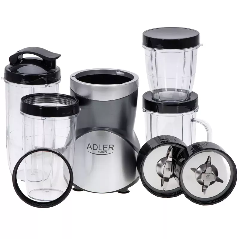 Blender stołowy Adler AD 4084 Zestaw Smoothie — 500 W (maks. 1200 W), szklany dzbanek 0,7 L, zdejmowana misa, czarny