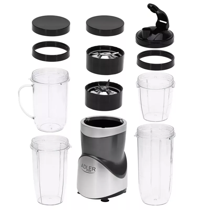 Blender stołowy Adler AD 4084 Zestaw Smoothie — 500 W (maks. 1200 W), szklany dzbanek 0,7 L, zdejmowana misa, czarny