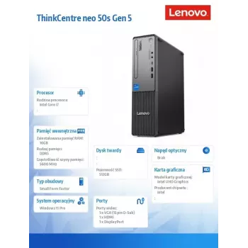Lenovo ThinkCentre neo 50s Gen 5 Intel® Core™ i7 i7-14700 16 GB DDR5-SDRAM 512 GB SSD Windows 11 Pro SFF PC Czarny, Szary