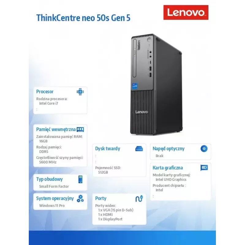 Lenovo ThinkCentre neo 50s Gen 5 Intel® Core™ i7 i7-14700 16 GB DDR5-SDRAM 512 GB SSD Windows 11 Pro SFF PC Czarny, Szary