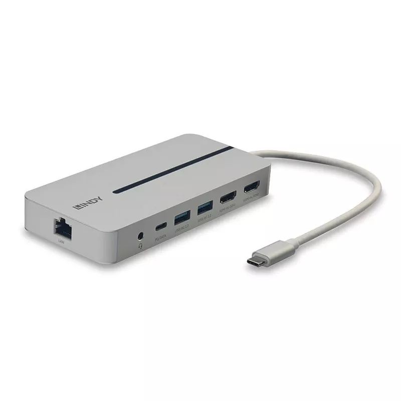 Lindy DST-Mx Duo Mini stacja dokująca USB-C do laptopa / MacBooka z obsługą dwóch wyświetlaczy (4K) i ładowaniem passthrough 100 W