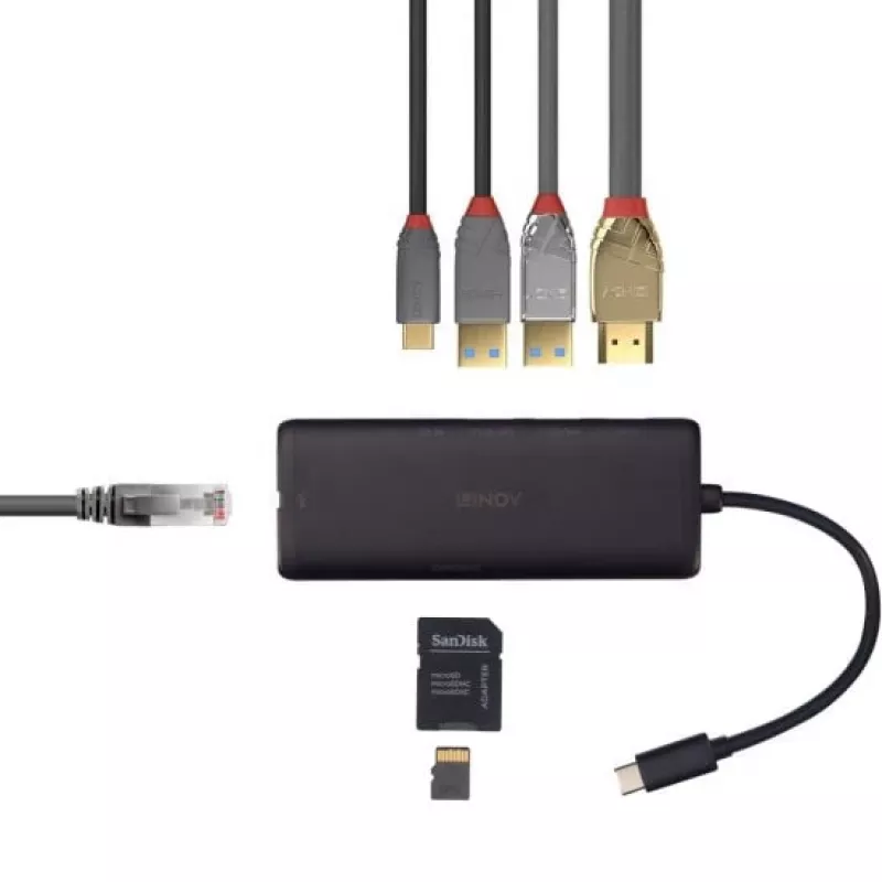 Lindy DST-Mini USB-C Laptop Mini Docking Station z obsługą 4K i ładowaniem passthrough 100 W