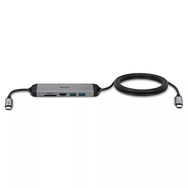 Lindy DST-Micro 140, mikro stacja dokująca USB-C do laptopa z obsługą 4K i kablem ładującym 1,4 m 60 W