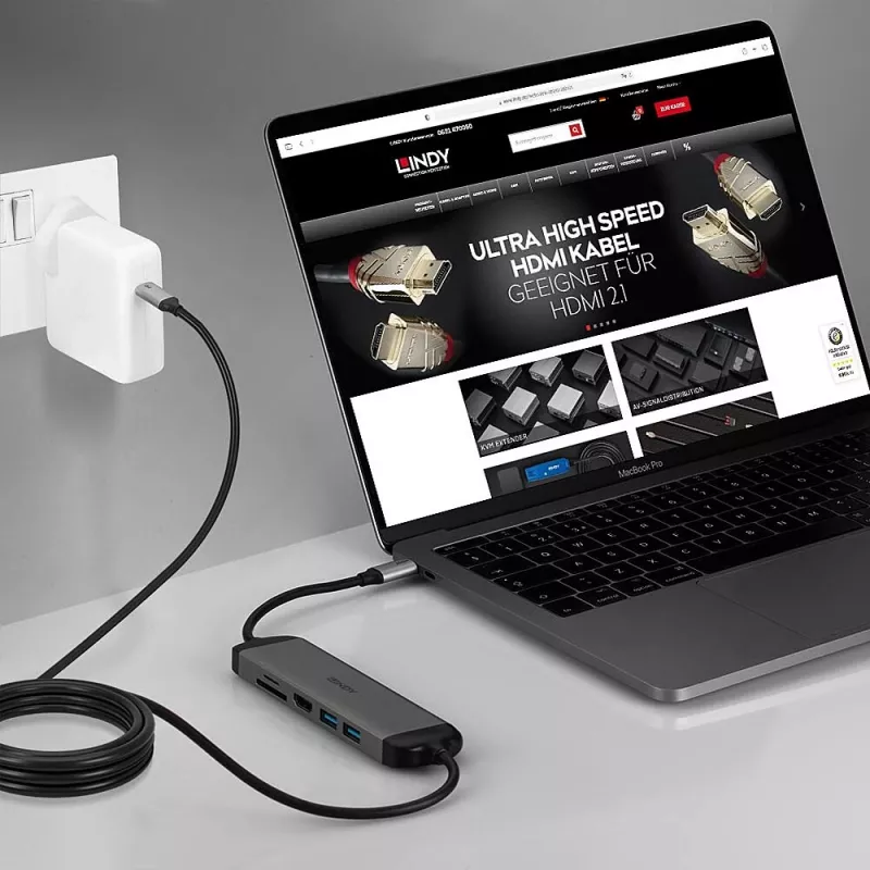 Lindy DST-Micro 140, mikro stacja dokująca USB-C do laptopa z obsługą 4K i kablem ładującym 1,4 m 60 W