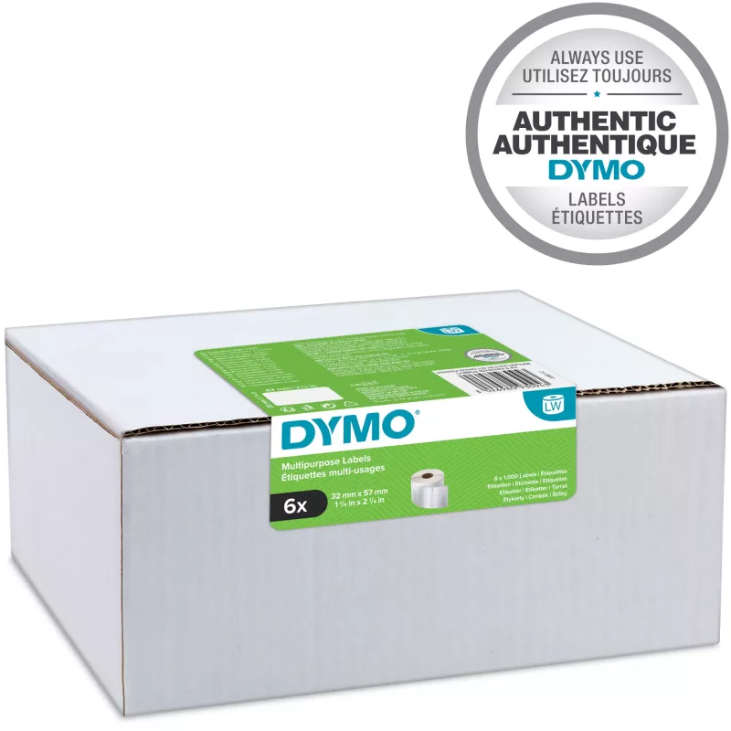 DYMO Authentic LabelWriter Wielofunkcyjne etykiety 32 mm x 57 mm 6 rolek po 1 000 łatwo odklejanych etykiet (6 000 szt.) samoprzylepne do urządzeń LabelWriter