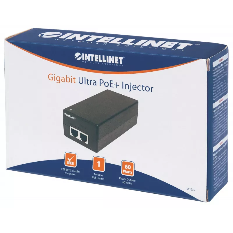 Intellinet Gigabit Ultra PoE+ Iniektor, 1 port 60 W, zgodny z IEEE 802.3bt i IEEE 802.3at/af, obudowa plastikowa