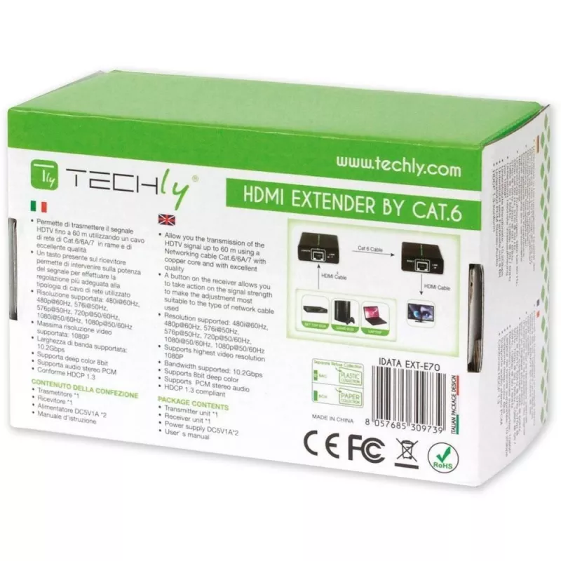 Nadajnik i odbiornik AV TECHLY IDATA EXT-E70 — przedłużacz HDMI po kablu Cat6/6a/7, Full HD 1920x1080, 60 m, 10,2 Gbit/s, HDCP, czarny