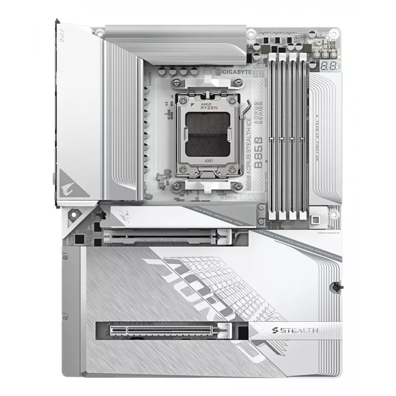 Płyta główna GIGABYTE B850 AORUS STEALTH ICE ATX dla gniazda AMD Socket AM5 — B850, 14+2+2 VRM, DDR5 do 8200MHz (OC), 2×PCIe5, 2×PCIe4 M.2, Wi‑Fi 7, 5GbE