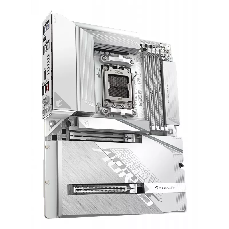 Płyta główna GIGABYTE B850 AORUS STEALTH ICE ATX dla gniazda AMD Socket AM5 — B850, 14+2+2 VRM, DDR5 do 8200MHz (OC), 2×PCIe5, 2×PCIe4 M.2, Wi‑Fi 7, 5GbE