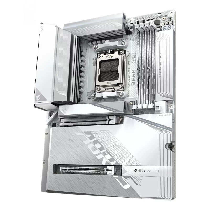 Płyta główna GIGABYTE B850 AORUS STEALTH ICE ATX dla gniazda AMD Socket AM5 — B850, 14+2+2 VRM, DDR5 do 8200MHz (OC), 2×PCIe5, 2×PCIe4 M.2, Wi‑Fi 7, 5GbE