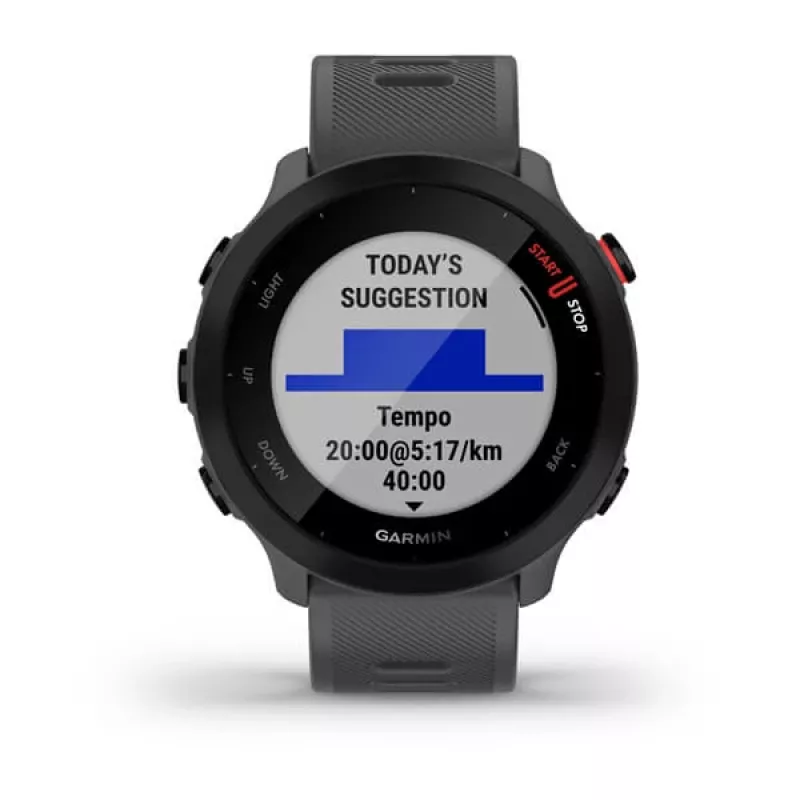 Smartwatch GARMIN Forerunner 55, okrągła koperta 42 mm, szary, silikonowy pasek, GPS/GLONASS/Galileo, wodoszczelność 5 ATM