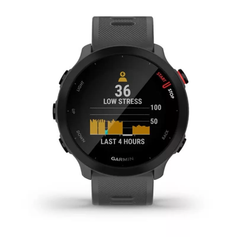 Smartwatch GARMIN Forerunner 55, okrągła koperta 42 mm, szary, silikonowy pasek, GPS/GLONASS/Galileo, wodoszczelność 5 ATM